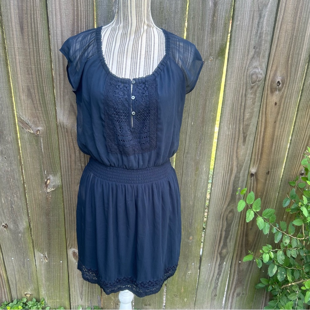 Hollister chiffon lined short sleeve midi dress navy blue boho large peasant